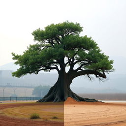 A powerful visual narrative featuring a split scene of a significant tree located in the Demilitarized Zone (DMZ) between North and South Korea, illustrating the contrast before and after its cutting