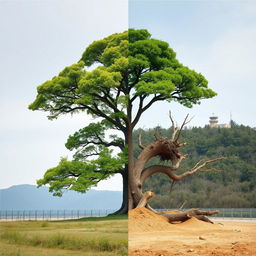 A powerful visual narrative featuring a split scene of a significant tree located in the Demilitarized Zone (DMZ) between North and South Korea, illustrating the contrast before and after its cutting