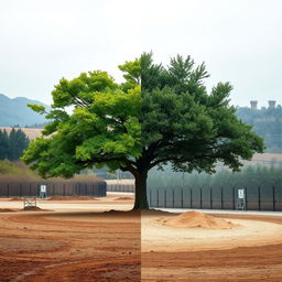 A powerful visual narrative featuring a split scene of a significant tree located in the Demilitarized Zone (DMZ) between North and South Korea, illustrating the contrast before and after its cutting