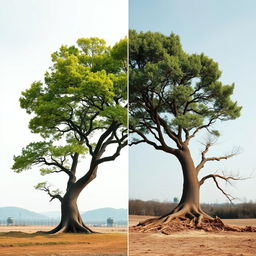 A powerful visual narrative featuring a split scene of a significant tree located in the Demilitarized Zone (DMZ) between North and South Korea, illustrating the contrast before and after its cutting