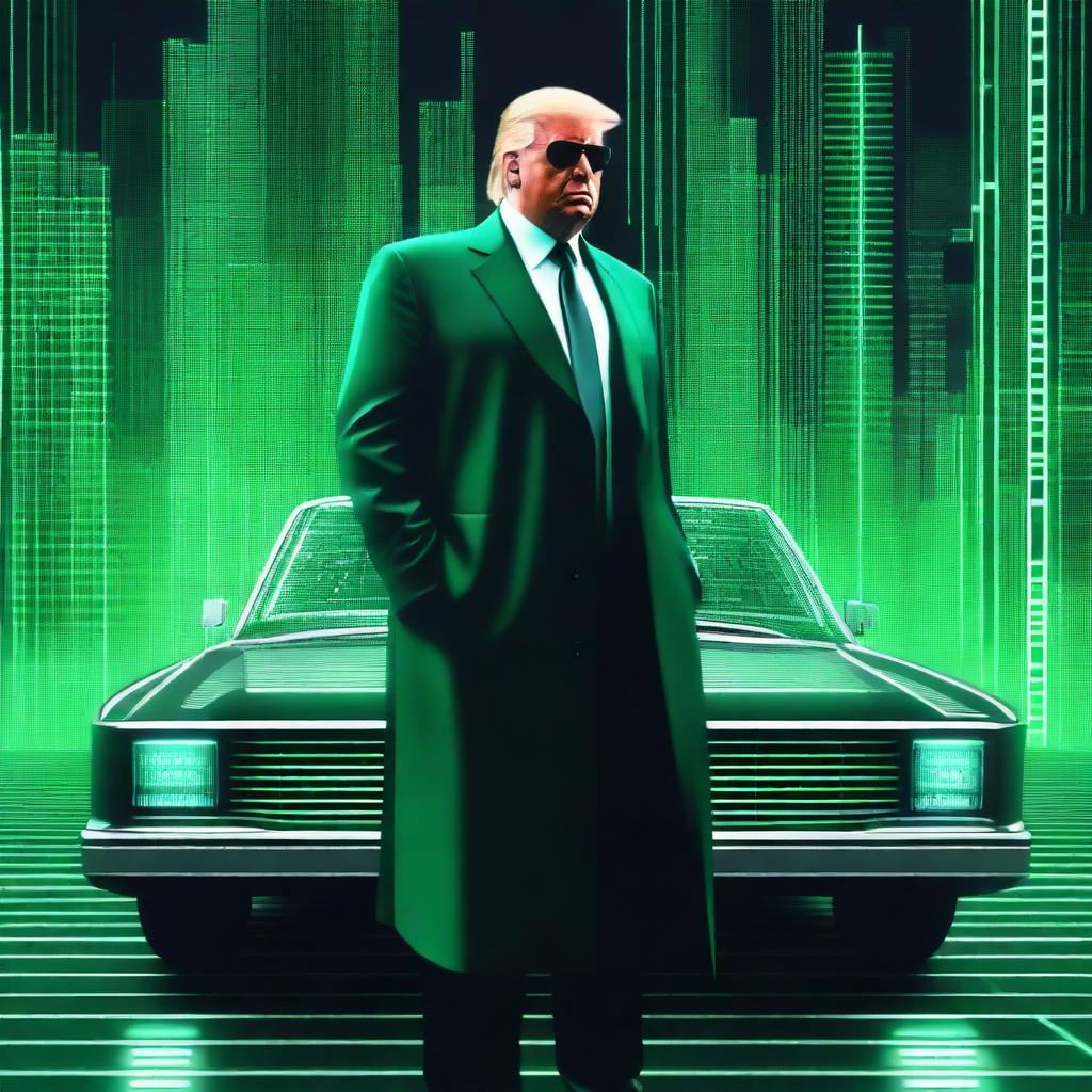 A top-quality, digital art image of Donald Trump in the style of an NFT, incorporating elements from The Matrix and a car theme