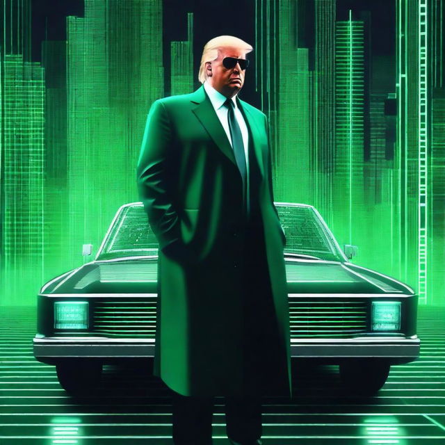 A top-quality, digital art image of Donald Trump in the style of an NFT, incorporating elements from The Matrix and a car theme