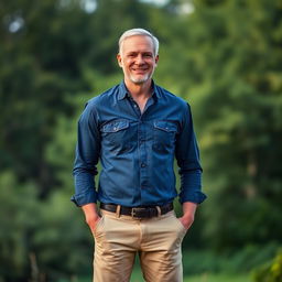 A fit man in his 50s, wearing a dark denim blue shirt, khaki pants, and visible black socks, standing confidently with a relaxed posture