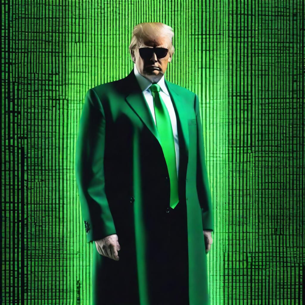 An exceptional quality, digital art image of Donald Trump in the style of an NFT, combining elements from The Matrix and a business theme