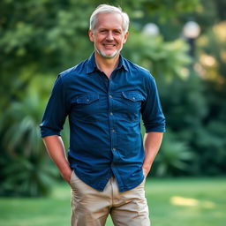 A fit man in his 50s, wearing a dark denim blue shirt, khaki pants, and visible black socks, standing confidently with a relaxed posture