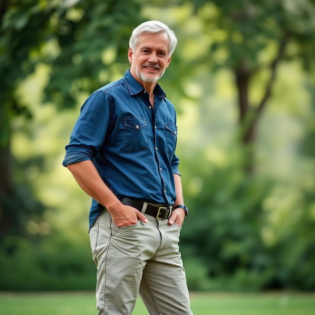 A fit man in his 50s, wearing a dark denim blue shirt, khaki pants, and visible black socks, standing confidently with a relaxed posture