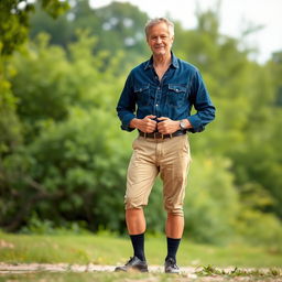 A fit man in his 50s, wearing a dark denim blue shirt, khaki pants, and visible black socks, standing confidently with a relaxed posture