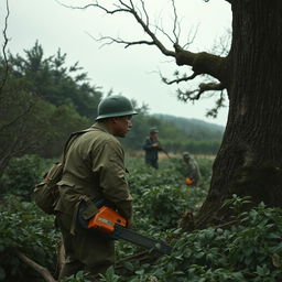A dramatic and somber scene depicting the historical event of two U