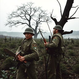 A dramatic and somber scene depicting the historical event of two U