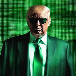 An exceptional quality, digital art image of Donald Trump in the style of an NFT, combining elements from The Matrix and a business theme