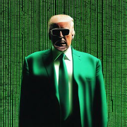 An exceptional quality, digital art image of Donald Trump in the style of an NFT, combining elements from The Matrix and a business theme