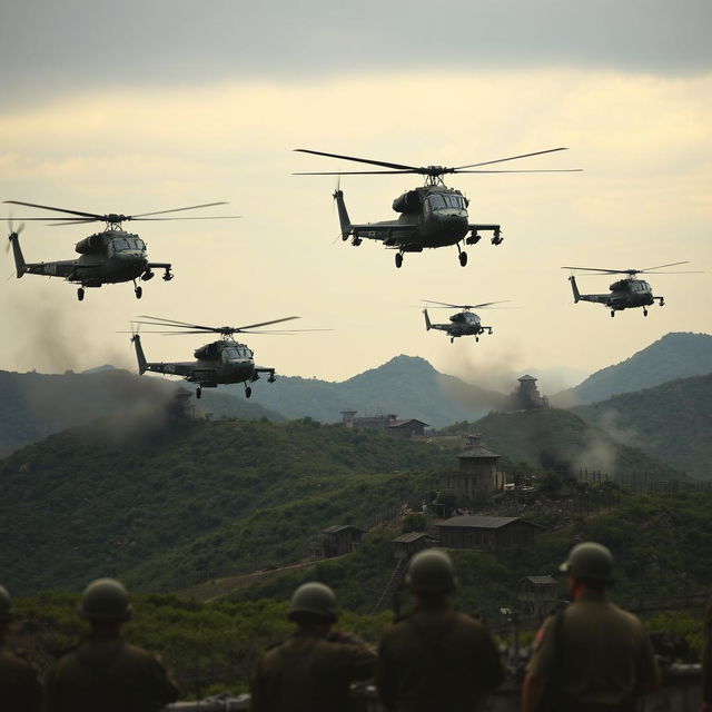 A dramatic scene depicting helicopters hovering over the Korean Demilitarized Zone (DMZ), capturing the intensity and tension of military operations