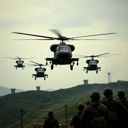 A dramatic scene depicting helicopters hovering over the Korean Demilitarized Zone (DMZ), capturing the intensity and tension of military operations