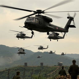 A dramatic scene depicting helicopters hovering over the Korean Demilitarized Zone (DMZ), capturing the intensity and tension of military operations