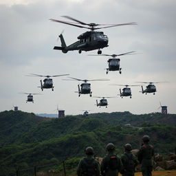 A dramatic scene depicting helicopters hovering over the Korean Demilitarized Zone (DMZ), capturing the intensity and tension of military operations