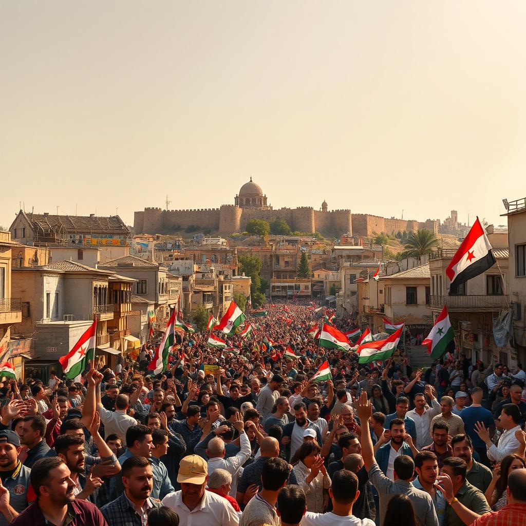 A vibrant and dynamic scene depicting the city of Aleppo after its liberation