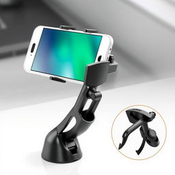 A detailed and stylish design of a phone arm holder, showcasing an adjustable smartphone arm mount suitable for use in cars or on desks