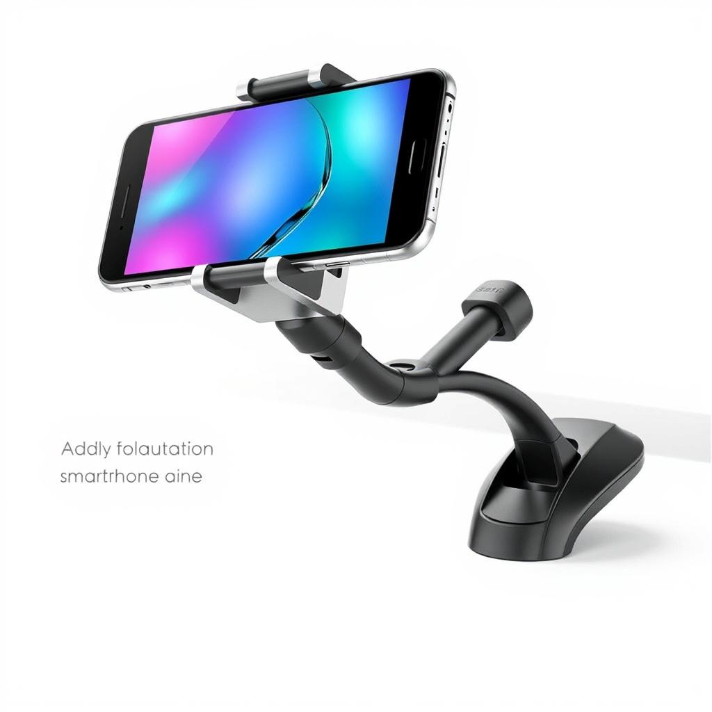 A detailed and stylish design of a phone arm holder, showcasing an adjustable smartphone arm mount suitable for use in cars or on desks