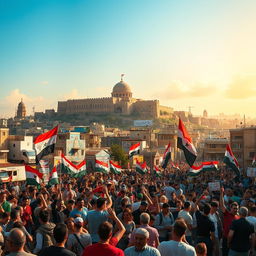 A vibrant and dynamic scene depicting the city of Aleppo after its liberation