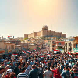 A vibrant and dynamic scene depicting the city of Aleppo after its liberation