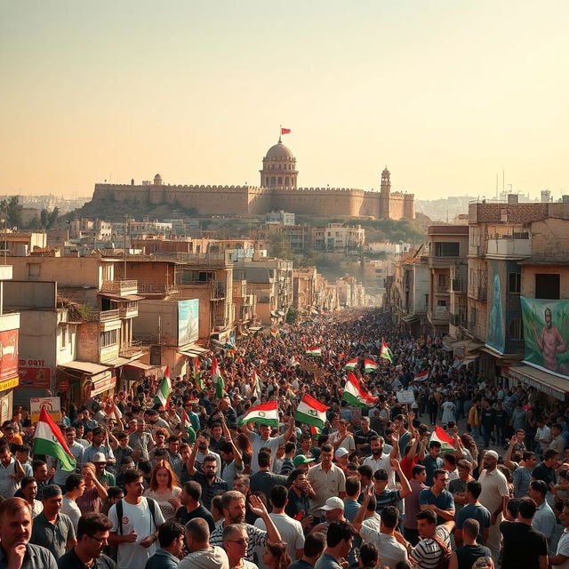 A vibrant and dynamic scene depicting the city of Aleppo after its liberation