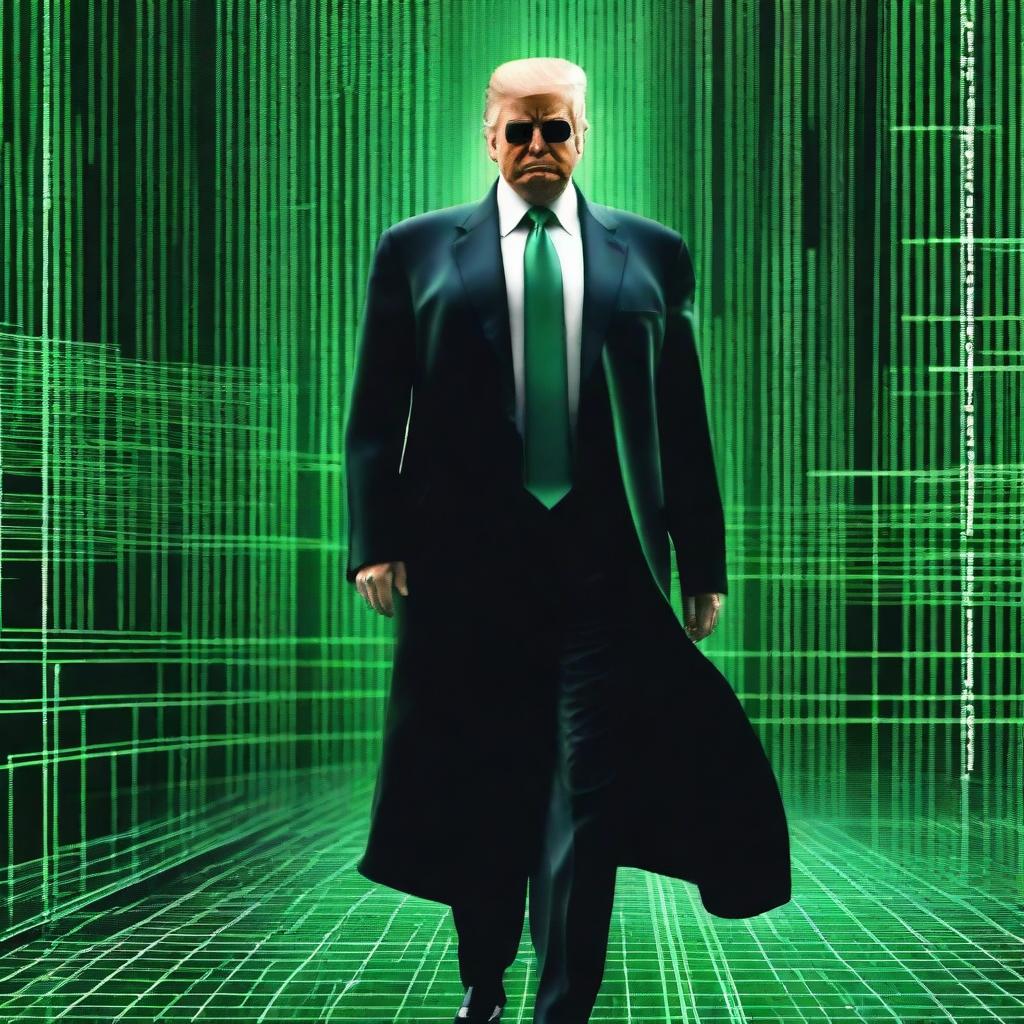 A top-notch, digital art image of Donald Trump in the style of an NFT, combining elements from The Matrix and a ship theme