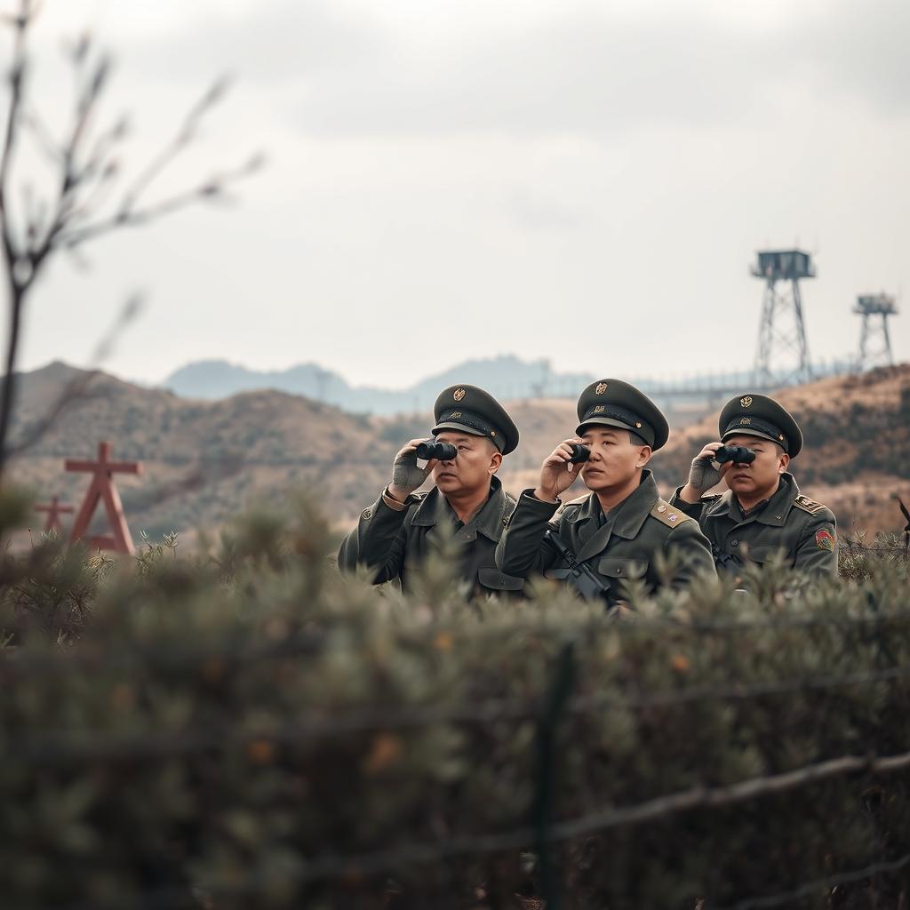 A tense scene featuring North Korean soldiers observing from a hidden vantage point, capturing a moment of vigilance and military presence