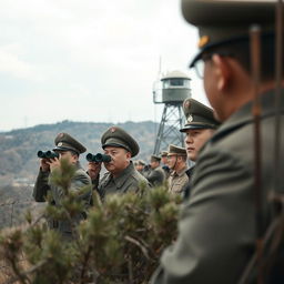 A tense scene featuring North Korean soldiers observing from a hidden vantage point, capturing a moment of vigilance and military presence