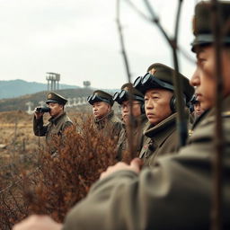 A tense scene featuring North Korean soldiers observing from a hidden vantage point, capturing a moment of vigilance and military presence