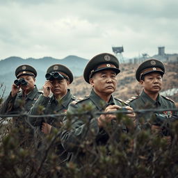 A tense scene featuring North Korean soldiers observing from a hidden vantage point, capturing a moment of vigilance and military presence