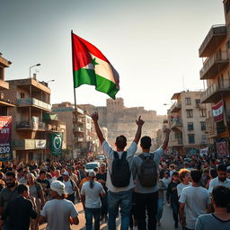 A powerful scene capturing the city of Aleppo after its liberation, featuring a group of revolutionaries from Idlib entering the city proudly waving the Independence flag