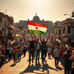 A powerful scene capturing the city of Aleppo after its liberation, featuring a group of revolutionaries from Idlib entering the city proudly waving the Independence flag