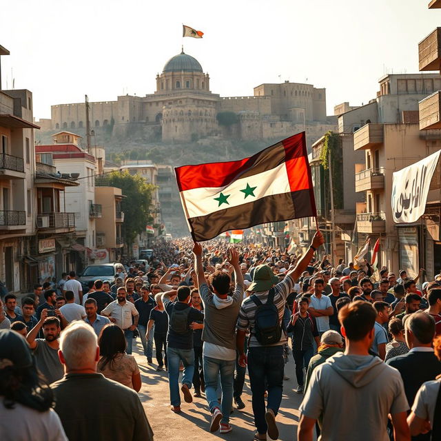 A powerful scene capturing the city of Aleppo after its liberation, featuring a group of revolutionaries from Idlib entering the city proudly waving the Independence flag