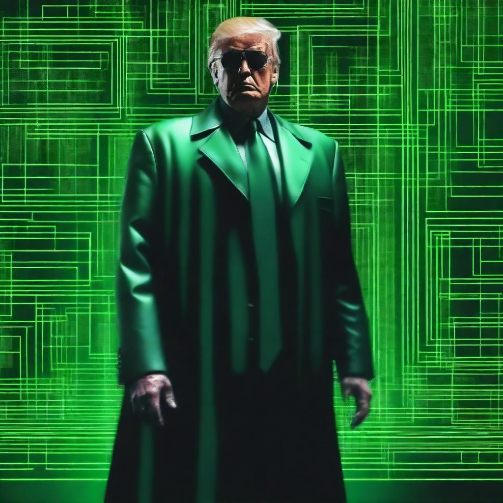 An exceptional quality, digital art image of Donald Trump in the style of an NFT, incorporating elements from The Matrix and a Harley engine