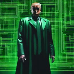 An exceptional quality, digital art image of Donald Trump in the style of an NFT, incorporating elements from The Matrix and a Harley engine