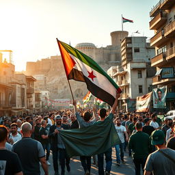 A powerful scene capturing the city of Aleppo after its liberation, featuring a group of revolutionaries from Idlib entering the city proudly waving the Independence flag