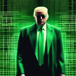 An exceptional quality, digital art image of Donald Trump in the style of an NFT, incorporating elements from The Matrix and a Harley engine