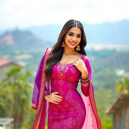 A stunning and confident woman wearing a traditional Punjabi suit, featuring a form-fitting design that accentuates her curves and showcases her toned figure