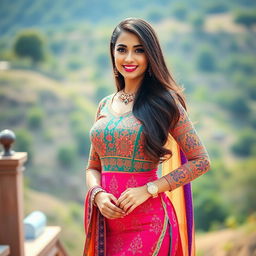 A stunning and confident woman wearing a traditional Punjabi suit, featuring a form-fitting design that accentuates her curves and showcases her toned figure