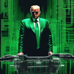 An exceptional quality, digital art image of Donald Trump in the style of an NFT, incorporating elements from The Matrix and a Harley engine