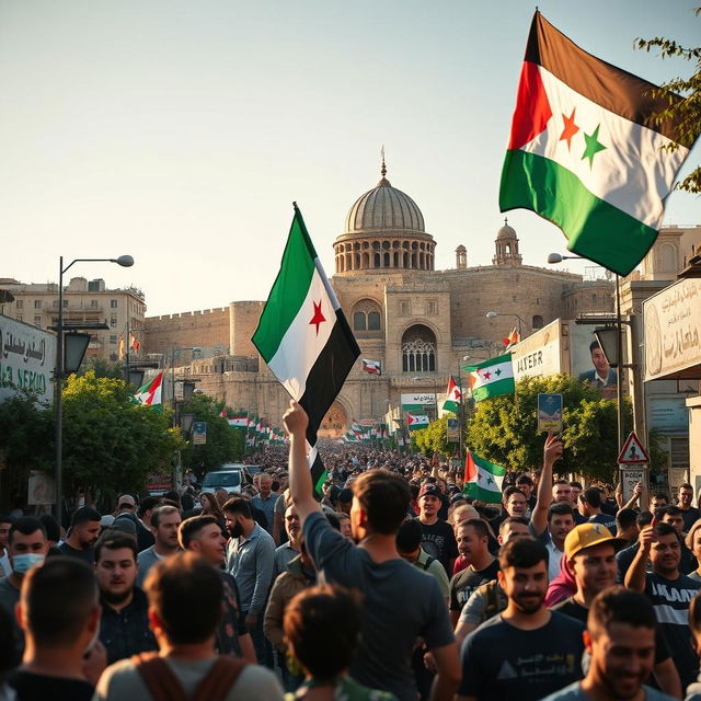 A compelling scene showing the city of Aleppo after its liberation, with revolutionaries from Idlib entering proudly waving the Independence flag in green, white, and black colors