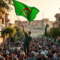 A compelling scene showing the city of Aleppo after its liberation, with revolutionaries from Idlib entering proudly waving the Independence flag in green, white, and black colors