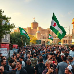 A compelling scene showing the city of Aleppo after its liberation, with revolutionaries from Idlib entering proudly waving the Independence flag in green, white, and black colors