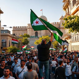 A compelling scene showing the city of Aleppo after its liberation, with revolutionaries from Idlib entering proudly waving the Independence flag in green, white, and black colors