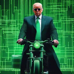 An exceptional quality, digital art image of Donald Trump in the style of an NFT, incorporating elements from The Matrix and a Harley engine