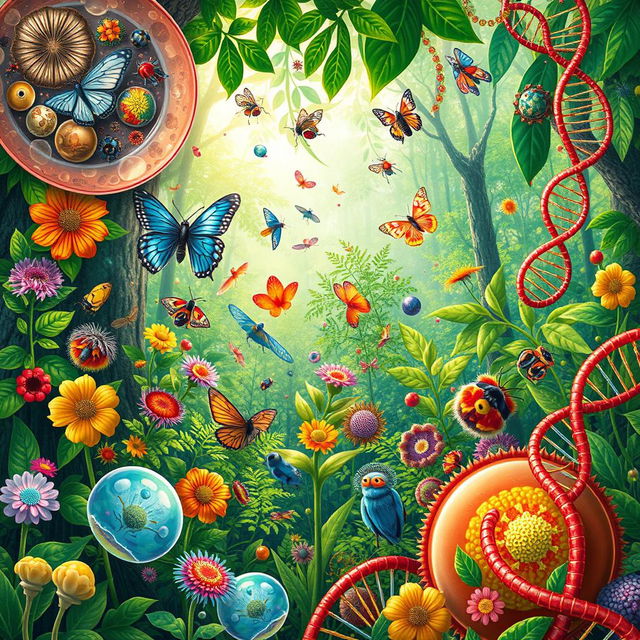 A detailed and beautifully illustrated biology scene, showcasing various elements of life science