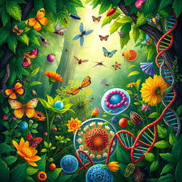 A detailed and beautifully illustrated biology scene, showcasing various elements of life science
