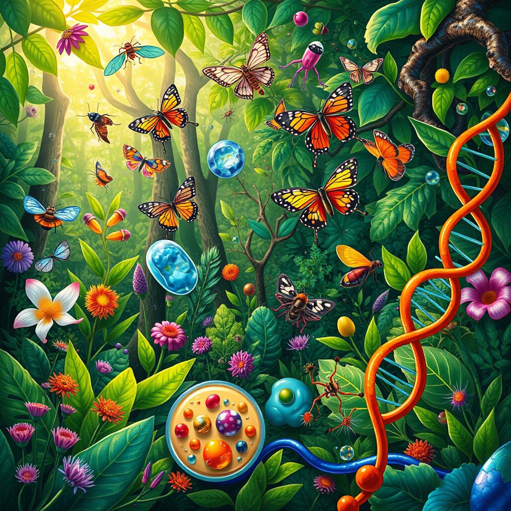 A detailed and beautifully illustrated biology scene, showcasing various elements of life science