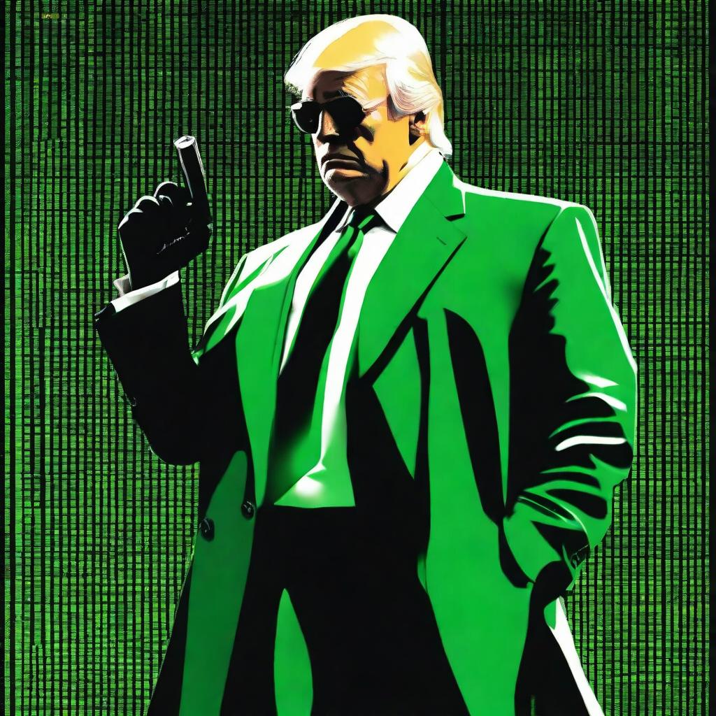 A top-quality, digital art image of Donald Trump in the style of an NFT, blending elements from The Matrix and James Bond 007