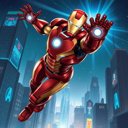 A highly detailed, dynamic illustration of Iron Man in his iconic red and gold suit, hovering above a futuristic cityscape with bright lights and a starry night sky